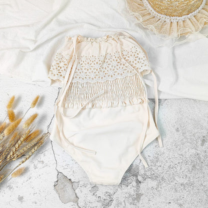 ベビー用水着 キッズ 水着 ワンピース レース フリル シャーリング エレガント 帽子 セット スイムウェア ベージュ ガールズ【mh0002002】