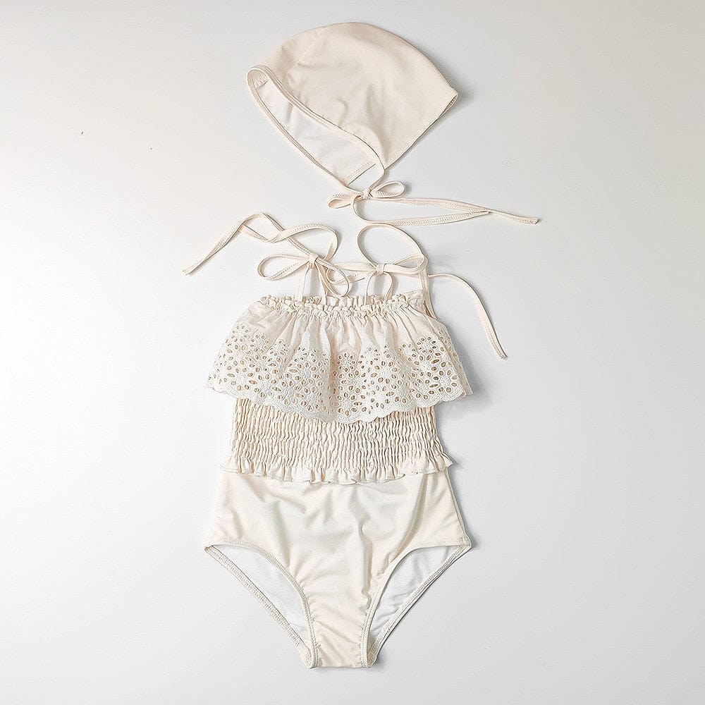 ベビー用水着 キッズ 水着 ワンピース レース フリル シャーリング エレガント 帽子 セット スイムウェア ベージュ ガールズ【mh0002002】