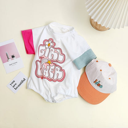 半袖ロンパース ベビー グラフィティ レターロゴ プリント パッチワーク 半袖 ロンパース ホワイト ガールズ【mh0002011】