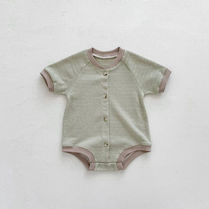 半袖ロンパース ベビー ワッフル バイピング 半袖 ロンパース ライトグリーン ベージュ ユニセックス【mh0002012】