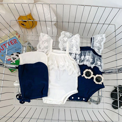 ベビー用水着 ベビー 水着 ワンピース レース フリル スイムウェア 帽子 セット ネイビー ホワイト ガールズ【mh0002036】