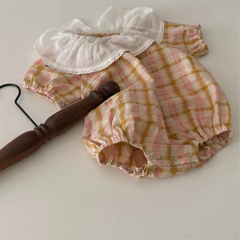 半袖ロンパース ベビー フラワー 小花柄 チェック フリルカラー 半袖 ロンパース ホワイト イエローピンク ガールズ【mh0002041】