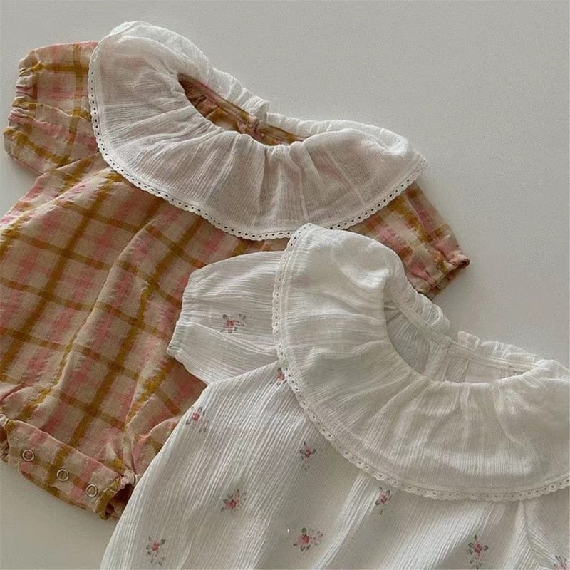 半袖ロンパース ベビー フラワー 小花柄 チェック フリルカラー 半袖 ロンパース ホワイト イエローピンク ガールズ【mh0002041】