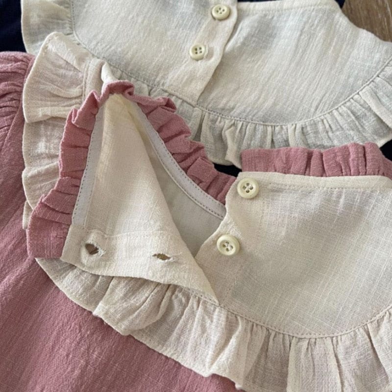 半袖ロンパース ベビー フラワー 刺繍 フリルビブ 半袖 ロンパース ピンク ネイビー ガールズ【mh0002042】