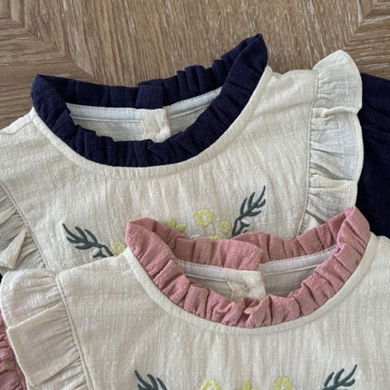 半袖ロンパース ベビー フラワー 刺繍 フリルビブ 半袖 ロンパース ピンク ネイビー ガールズ【mh0002042】