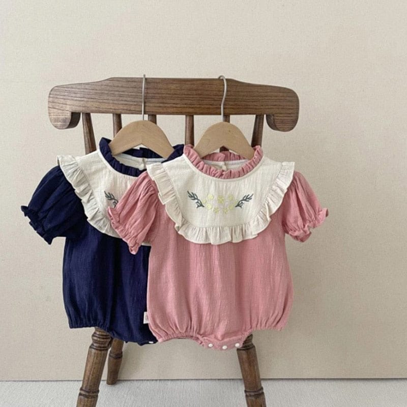 半袖ロンパース ベビー フラワー 刺繍 フリルビブ 半袖 ロンパース ピンク ネイビー ガールズ【mh0002042】
