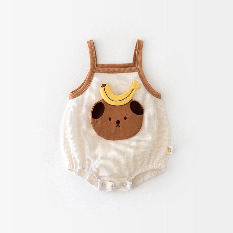 ノースリーブロンパース ベビー ワッフル くま ベア バナナ キャミソール ロンパース ベージュ コーヒーブラウン ユニセックス【mh0002043】
