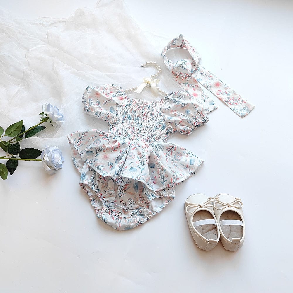 半袖ロンパース ベビー フラワー 花柄 シャーリング スカート 半袖 ロンパース ドレス リボン セット ガールズ【mh0002073】
