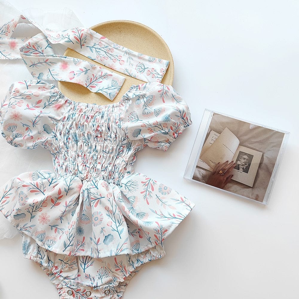 半袖ロンパース ベビー フラワー 花柄 シャーリング スカート 半袖 ロンパース ドレス リボン セット ガールズ【mh0002073】