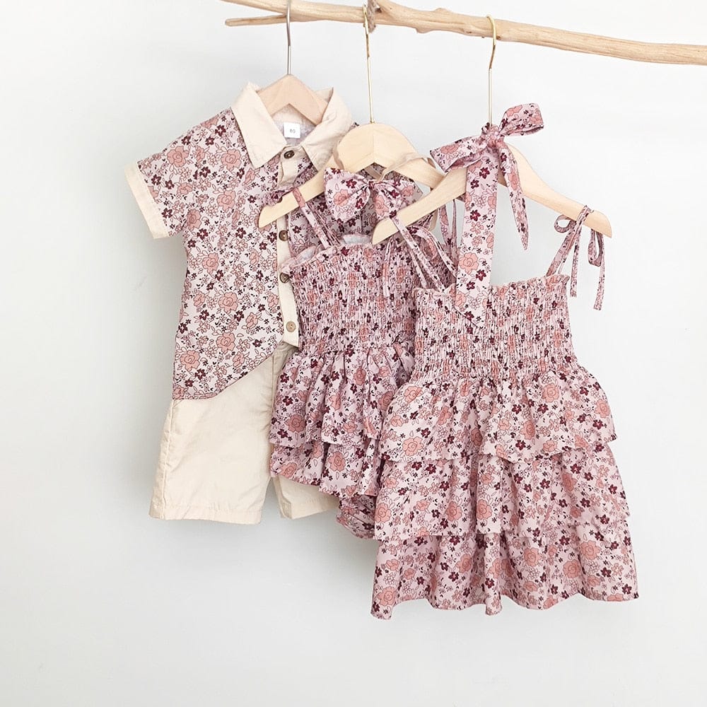 ノースリーブワンピース ベビー キッズ セットアップ フラワー 花柄 ガールズ キャミソール ロンパース ワンピース ボーイズ セットアップ 半袖 シャツ ショートパンツ リンク 姉妹 兄弟 お揃い コーデ【mh0002074】