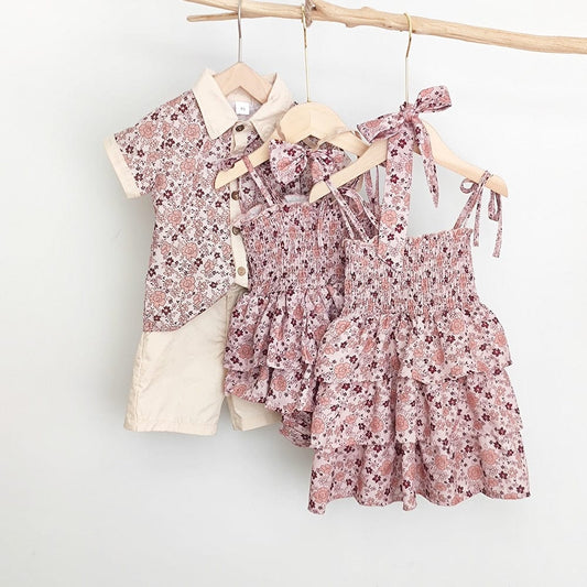 ノースリーブワンピース ベビー キッズ セットアップ フラワー 花柄 ガールズ キャミソール ロンパース ワンピース ボーイズ セットアップ 半袖 シャツ ショートパンツ リンク 姉妹 兄弟 お揃い コーデ【mh0002074】