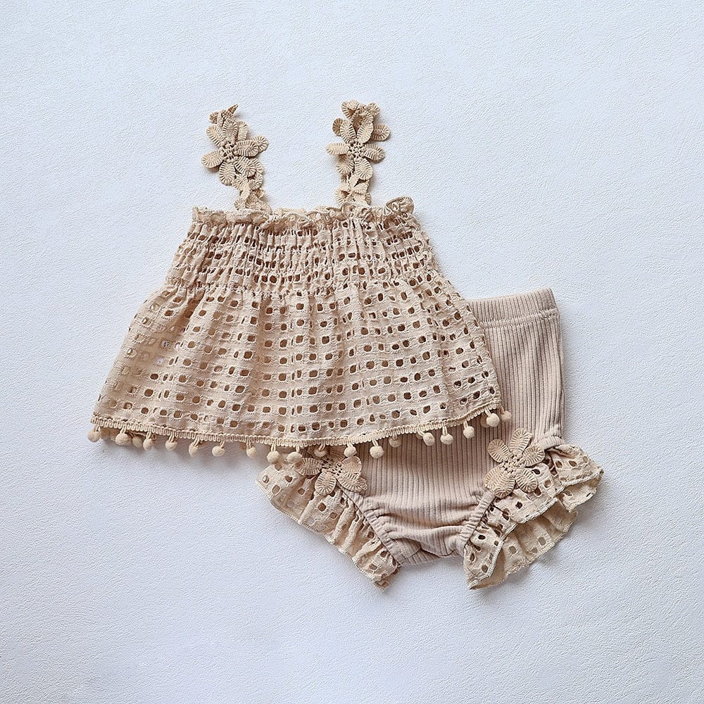 ノースリーブセットアップ ベビー セットアップ レース フラワー キャミソール チュニック ブラウス フリル ブルマパンツ ショートパンツ ガールズ【mh0002162】