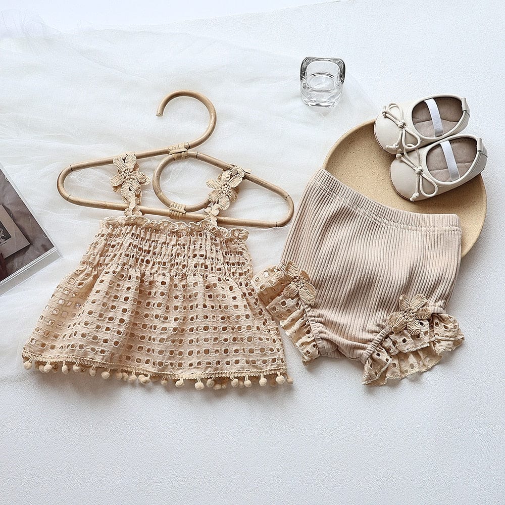 ノースリーブセットアップ ベビー セットアップ レース フラワー キャミソール チュニック ブラウス フリル ブルマパンツ ショートパンツ ガールズ【mh0002162】