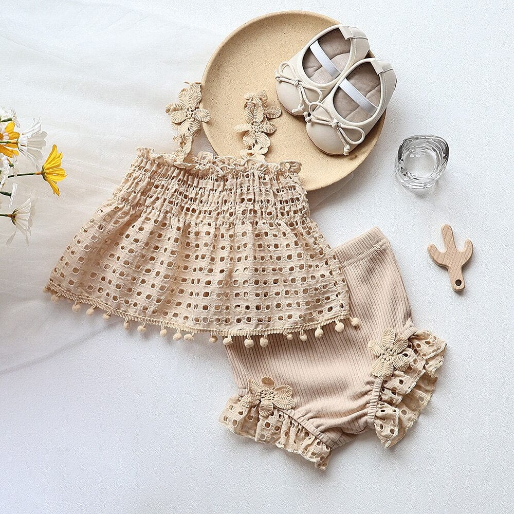 ノースリーブセットアップ ベビー セットアップ レース フラワー キャミソール チュニック ブラウス フリル ブルマパンツ ショートパンツ ガールズ【mh0002162】