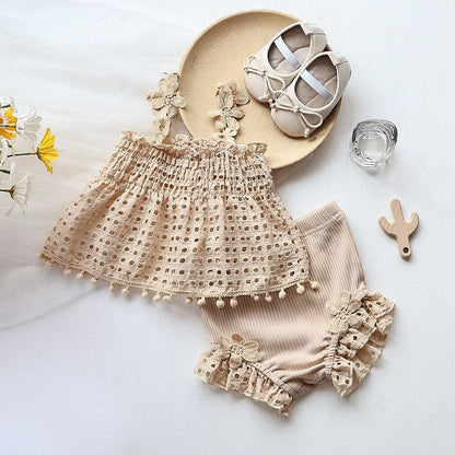 ノースリーブセットアップ ベビー セットアップ レース フラワー キャミソール チュニック ブラウス フリル ブルマパンツ ショートパンツ ガールズ【mh0002162】