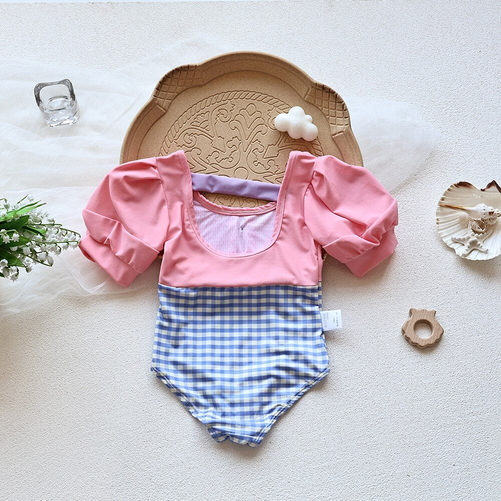 ベビー用水着 キッズ 水着 チェック ドッキング パフスリーブ 半袖 ワンピース 帽子 セット スイムウェア ガールズ【mh0002171】