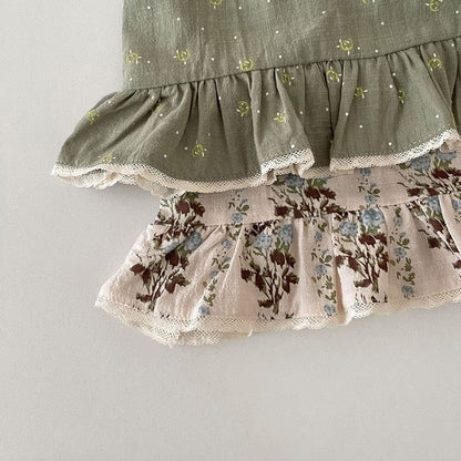 ノースリーブセットアップ ベビー セットアップ フラワー 小花柄 フリル キャミソール チュニックブラウス ブルマパンツ ベージュ グリーン ガールズ【mh0002257】