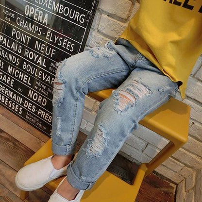 デニムパンツ キッズ ダメージ加工 デニム ルーズ スリム パンツ ジーンズ ジーパン ボーイズ【mh0002532】