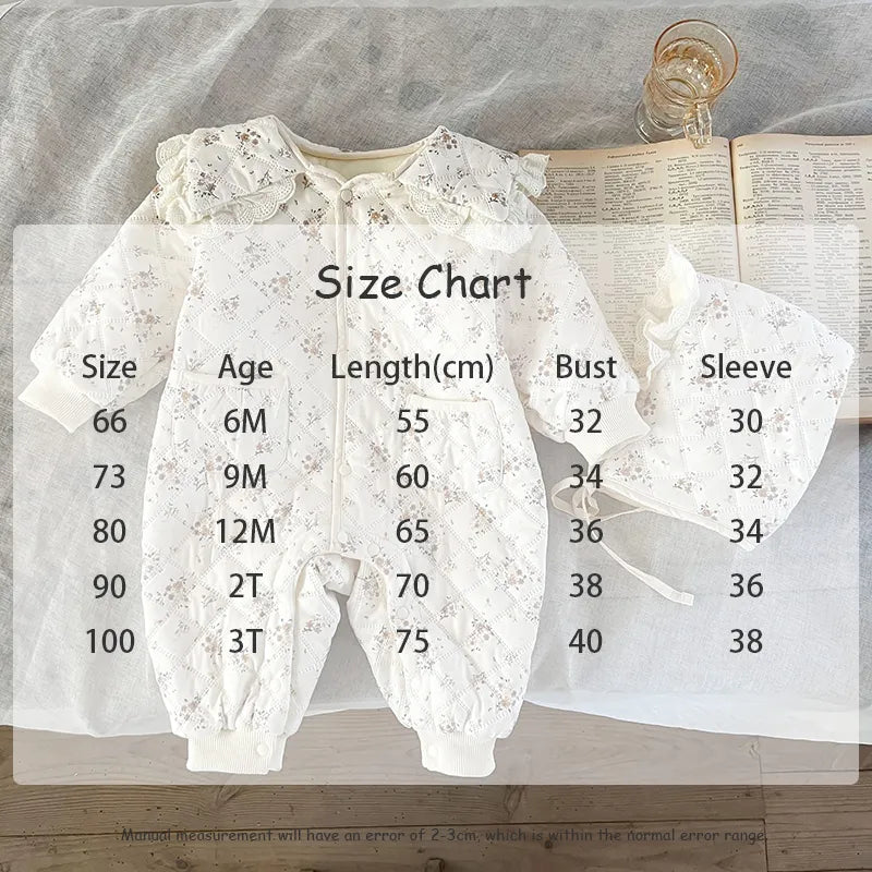 アウタージャンプスーツ ベビーアウタージャンプスーツ ボンネットセット キルティング フラワー 花柄プリント レース 帽子セット ガールズ 女の子 子供服【mh0003280】