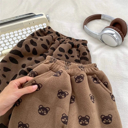 ロングパンツ・スウェットパンツ ベビーパンツ フリーススウェットパンツ くまベア柄 レオパード柄プリント ブラウン【mh0003443】