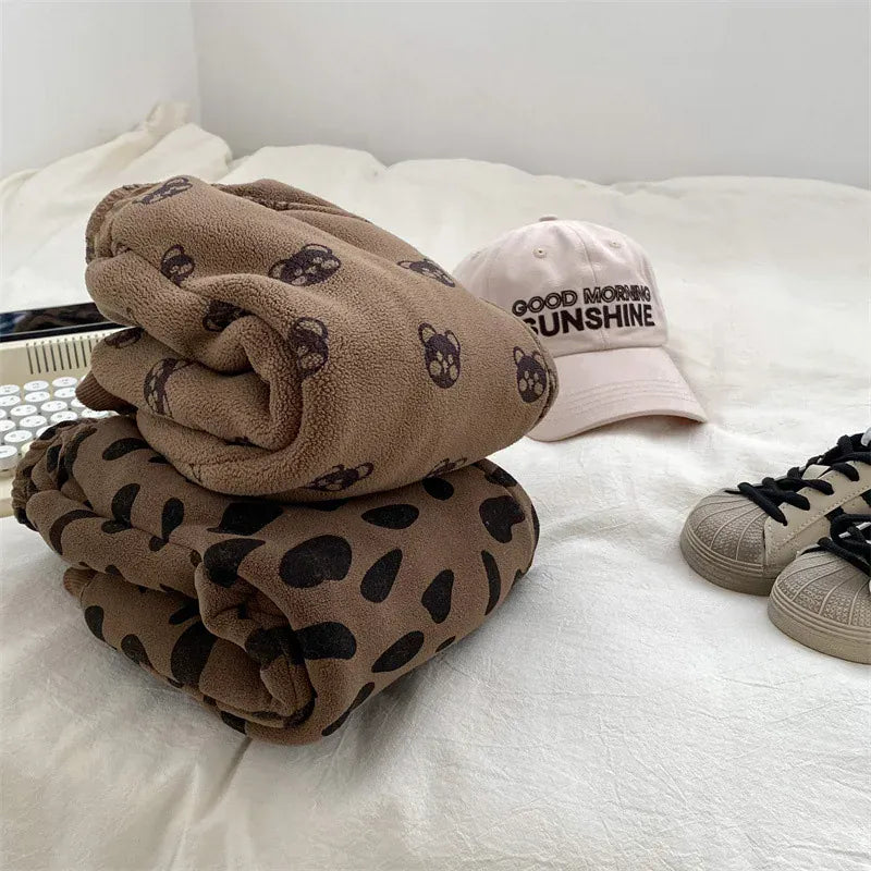 ロングパンツ・スウェットパンツ ベビーパンツ フリーススウェットパンツ くまベア柄 レオパード柄プリント ブラウン【mh0003443】