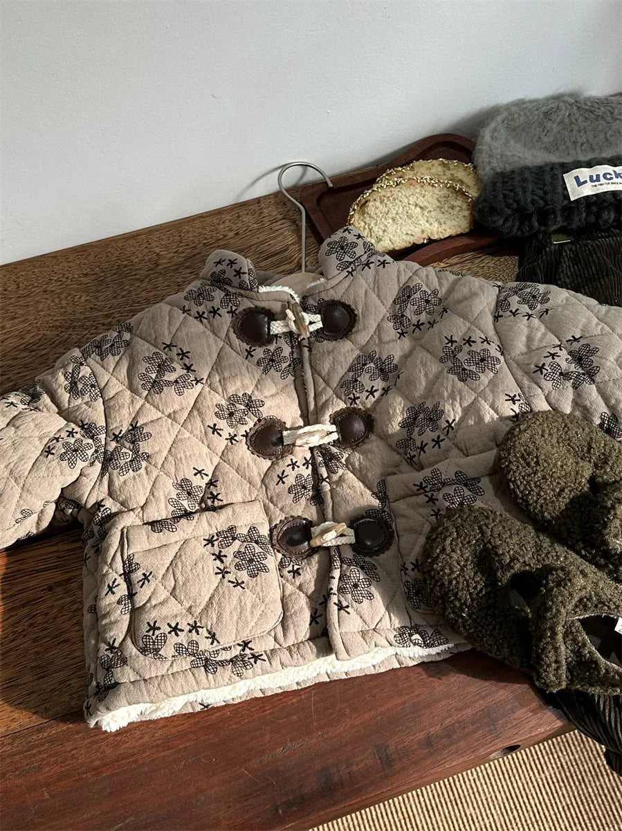 ショートコート・ジャケット・ジャンパー キッズアウター 花柄フラワープリント 裏ボアフリースキルティングジャケット  ダッフルコート【mh0003598】