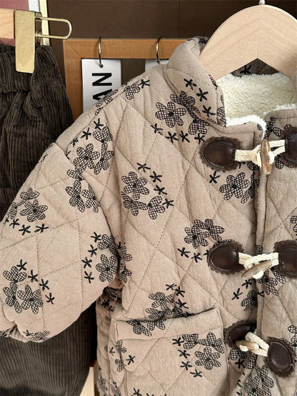 ショートコート・ジャケット・ジャンパー キッズアウター 花柄フラワープリント 裏ボアフリースキルティングジャケット  ダッフルコート【mh0003598】