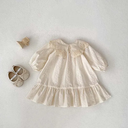 長袖ロンパース ベビーロンパース キッズワンピース 刺繍レース 長袖ドレス リンクコーデ 姉妹お揃い お出かけ ベージュ【mh0003922】