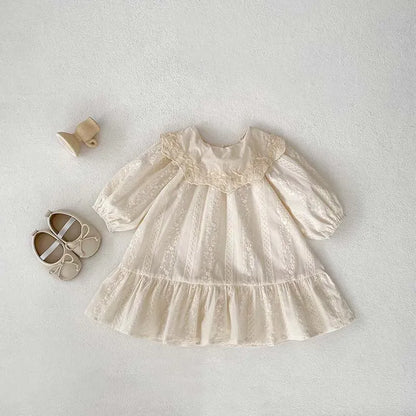 長袖ロンパース ベビーロンパース キッズワンピース 刺繍レース 長袖ドレス リンクコーデ 姉妹お揃い お出かけ ベージュ【mh0003922】