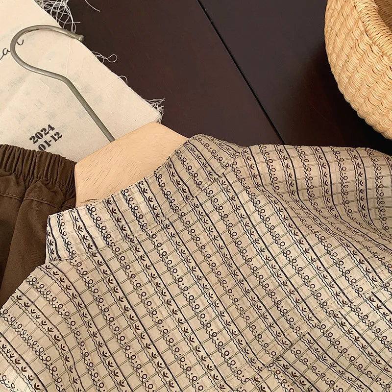 長袖シャツ・ブラウス キッズトップス 長袖シャツ ノーカラードレスシャツ 幾何学ストライププリント【mh0004221】