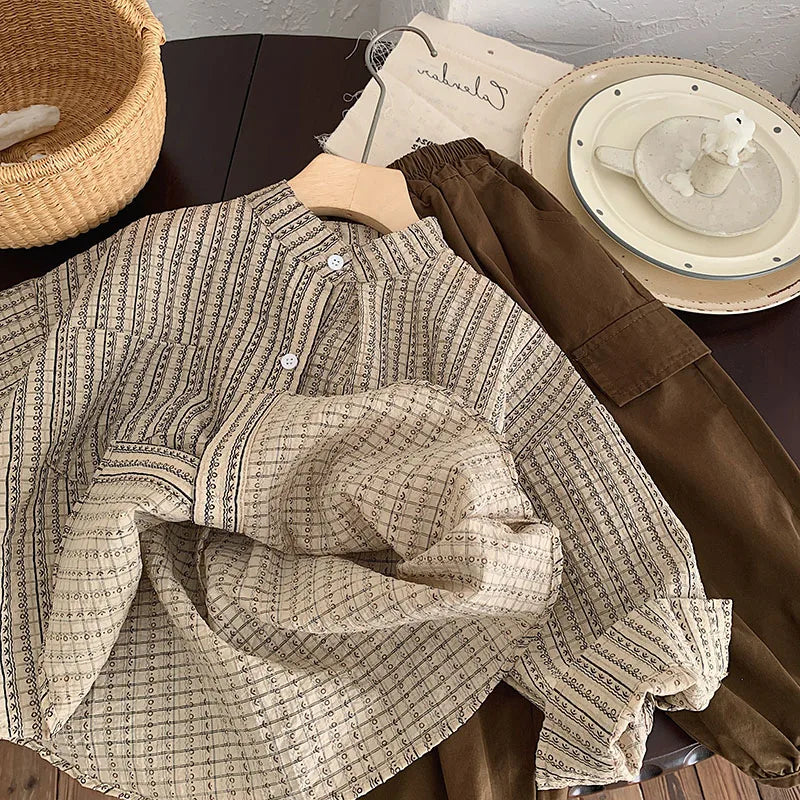 長袖シャツ・ブラウス キッズトップス 長袖シャツ ノーカラードレスシャツ 幾何学ストライププリント【mh0004221】