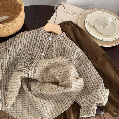 長袖シャツ・ブラウス キッズトップス 長袖シャツ ノーカラードレスシャツ 幾何学ストライププリント【mh0004221】