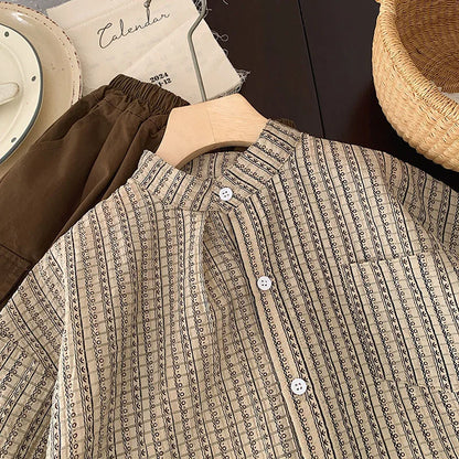 長袖シャツ・ブラウス キッズトップス 長袖シャツ ノーカラードレスシャツ 幾何学ストライププリント【mh0004221】