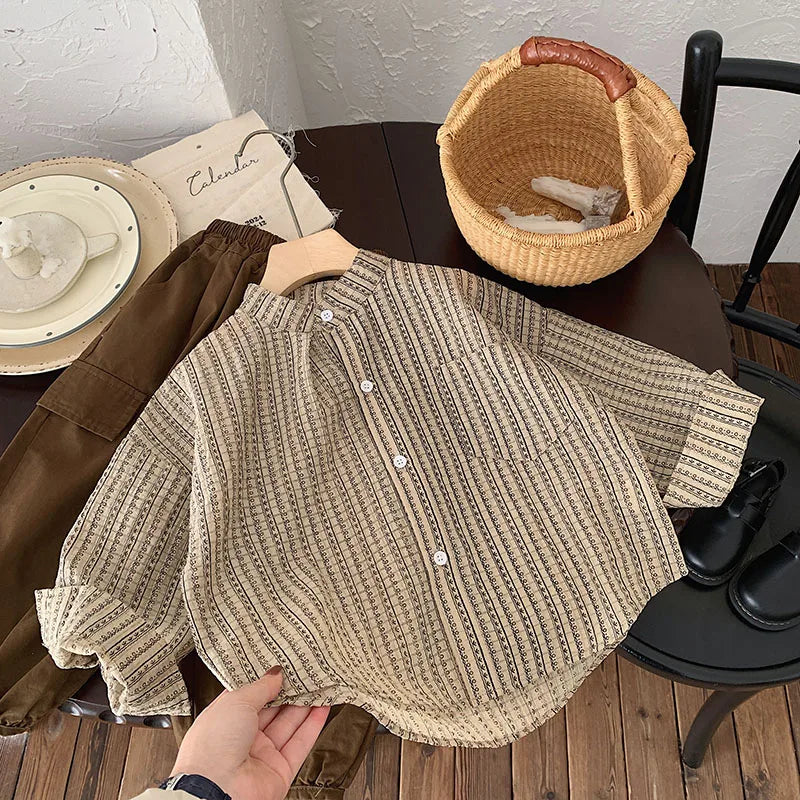 長袖シャツ・ブラウス キッズトップス 長袖シャツ ノーカラードレスシャツ 幾何学ストライププリント【mh0004221】