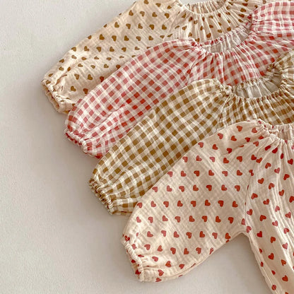 長袖ロンパース ベビーロンパース 長袖ルーズボディスーツ ハート チェックプリント柄【mh0004240】