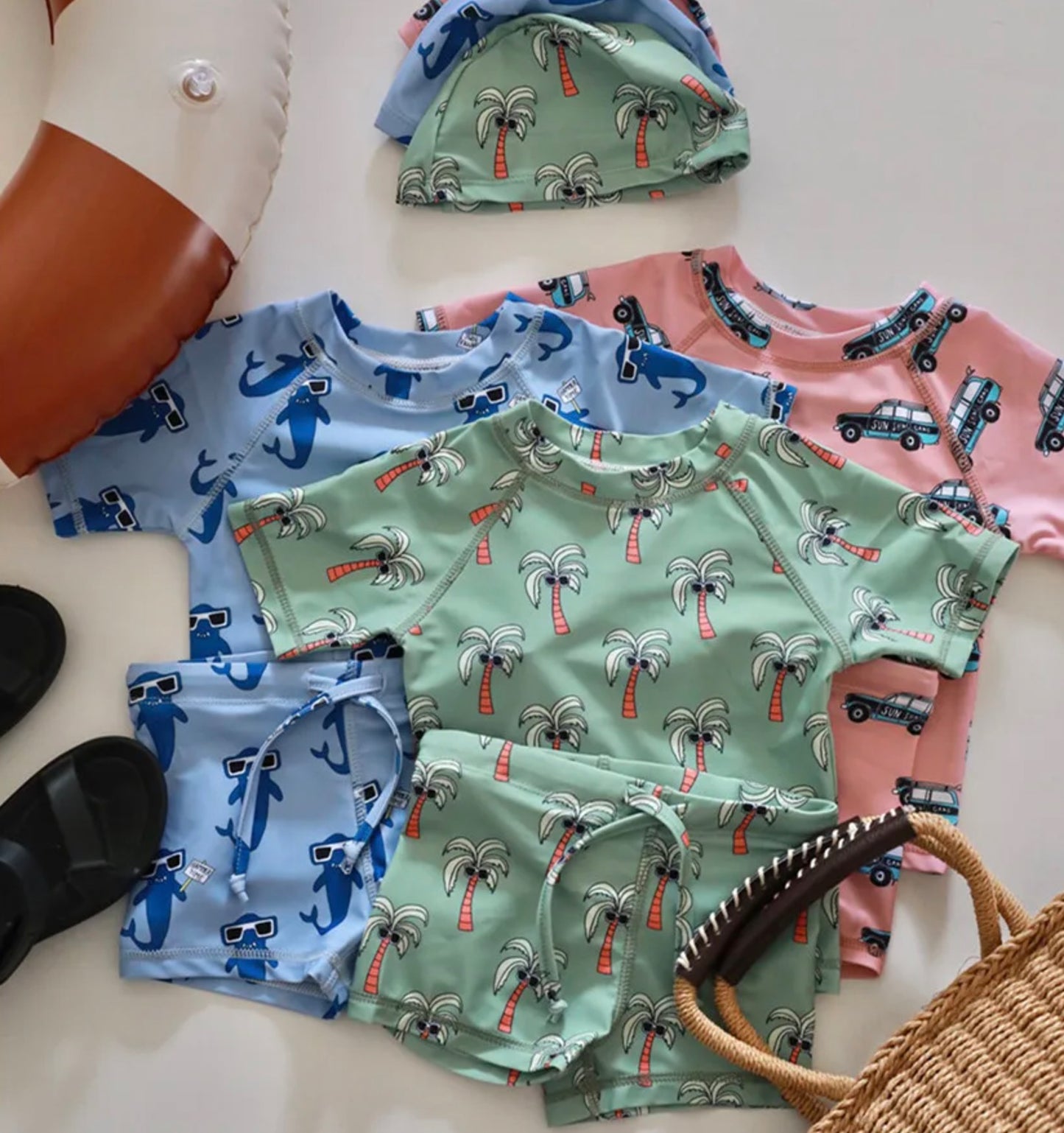 ベビー用水着 キッズ水着 ボーイズ 半袖長袖 セパレートラッシュガード  スイムウェア スイミングウェア 帽子セット【mh0004294】