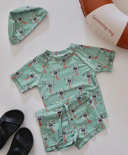 ベビー用水着 キッズ水着 ボーイズ 半袖長袖 セパレートラッシュガード  スイムウェア スイミングウェア 帽子セット【mh0004294】