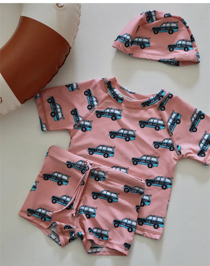 ベビー用水着 キッズ水着 ボーイズ 半袖長袖 セパレートラッシュガード  スイムウェア スイミングウェア 帽子セット【mh0004294】