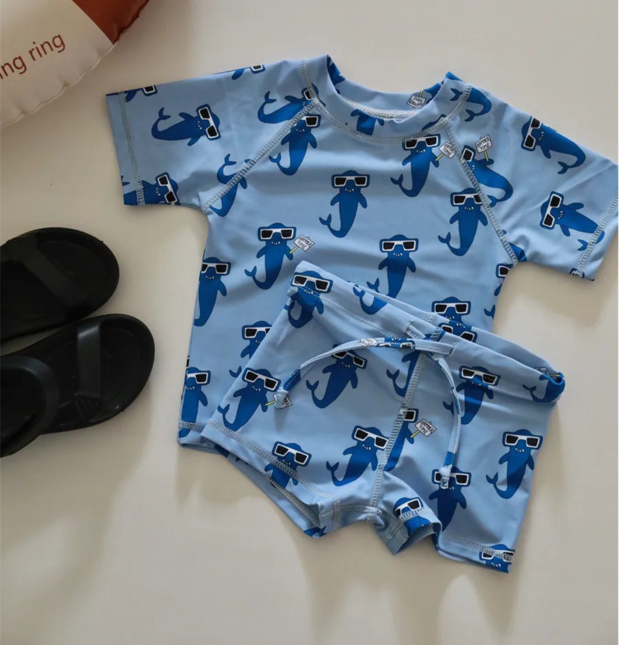 ベビー用水着 キッズ水着 ボーイズ 半袖長袖 セパレートラッシュガード  スイムウェア スイミングウェア 帽子セット【mh0004294】