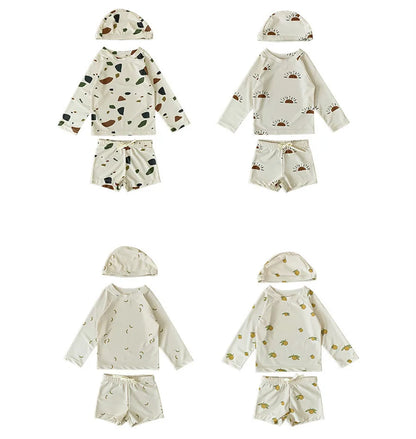 ベビー用水着 キッズ水着 ボーイズ 半袖長袖 セパレートラッシュガード  スイムウェア スイミングウェア 帽子セット【mh0004294】