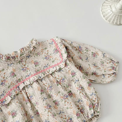 長袖ロンパース ベビーロンパース フリル襟 長袖ボディスーツ フラワー花柄プリント【mh0004396】