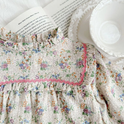 長袖ロンパース ベビーロンパース フリル襟 長袖ボディスーツ フラワー花柄プリント【mh0004396】