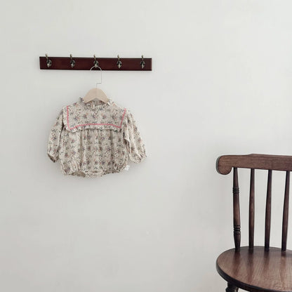 長袖ロンパース ベビーロンパース フリル襟 長袖ボディスーツ フラワー花柄プリント【mh0004396】