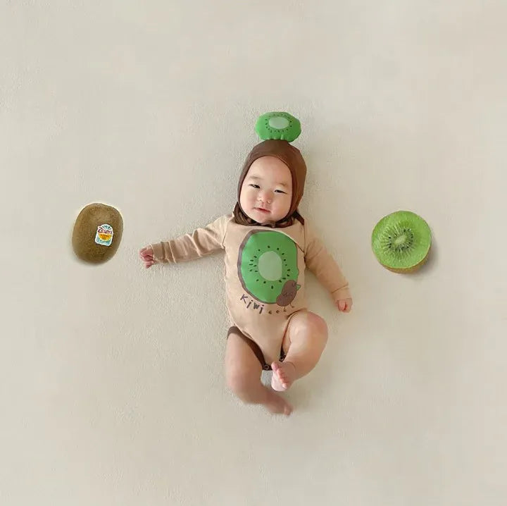 長袖ロンパース ベビーロンパース 帽子セット キウイ 長袖ボディスーツ コスチューム【mh0004644】