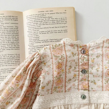 長袖ロンパース ベビーロンパース 長袖パフスリーブボディスーツ レトロ フラワー花柄プリント レース【mh0004664】