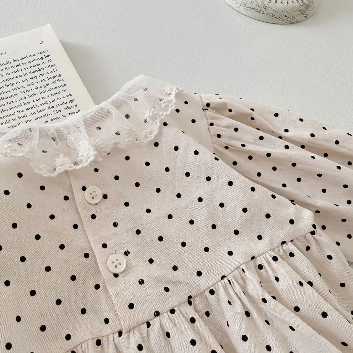 長袖ロンパース ベビーロンパース 長袖パフスリーブボディスーツ レース 水玉ドットプリント【mh0004666】