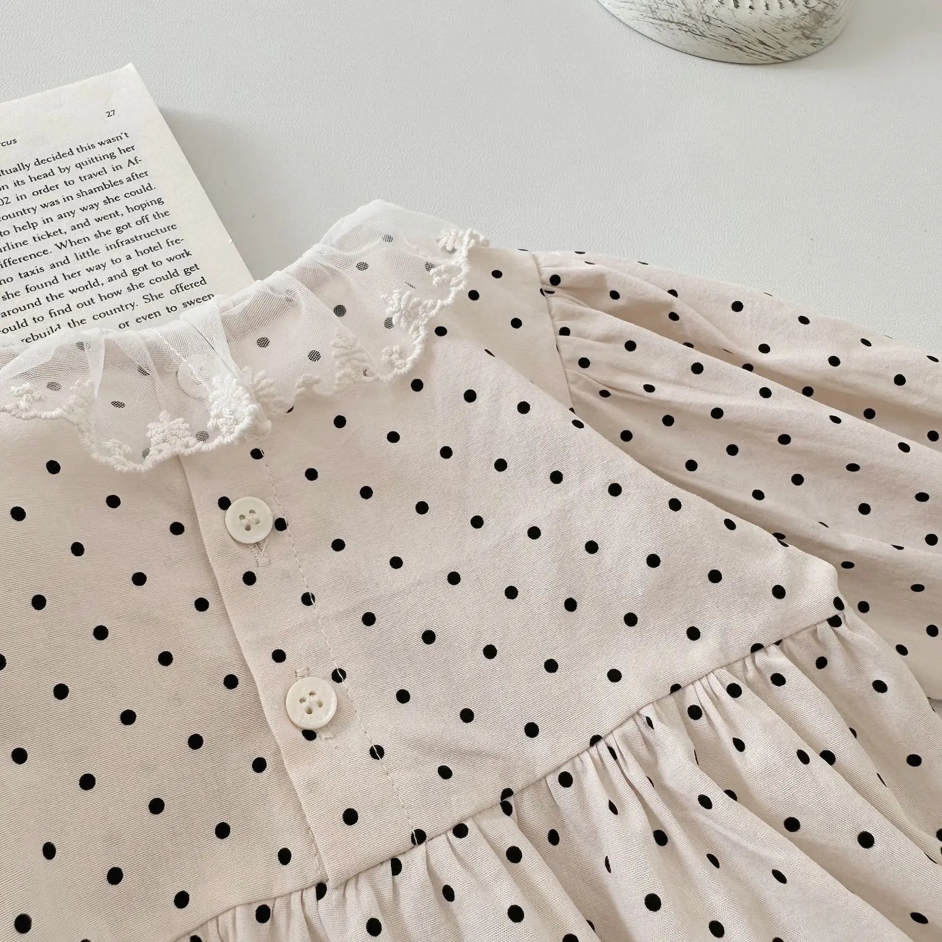 長袖ロンパース ベビーロンパース 長袖パフスリーブボディスーツ レース 水玉ドットプリント【mh0004666】