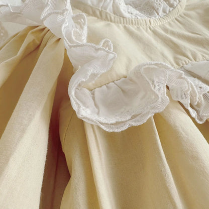 長袖ロンパース ベビーロンパース 長袖パフスリーブボディスーツ レーススタンドカラー イエロー【mh0004668】