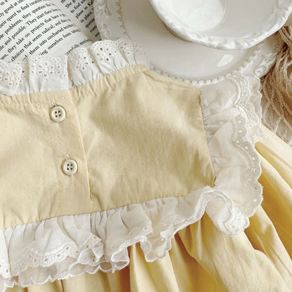 長袖ロンパース ベビーロンパース 長袖パフスリーブボディスーツ レーススタンドカラー イエロー【mh0004668】