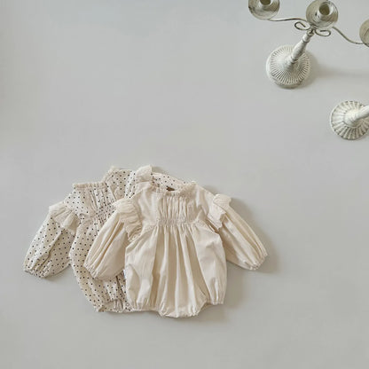 長袖ロンパース ベビーロンパース ショルダーフリル長袖ボディスーツ 無地/水玉ドット【mh0004696】